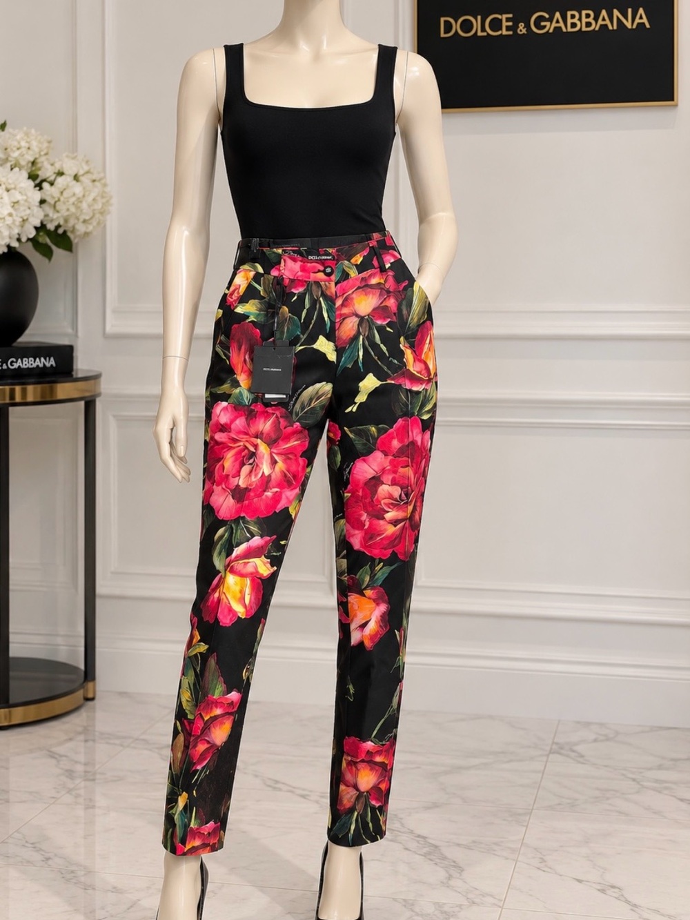 Dolce & Gabbana Black Straight-Leg Pants with Pink & Red Floral Print